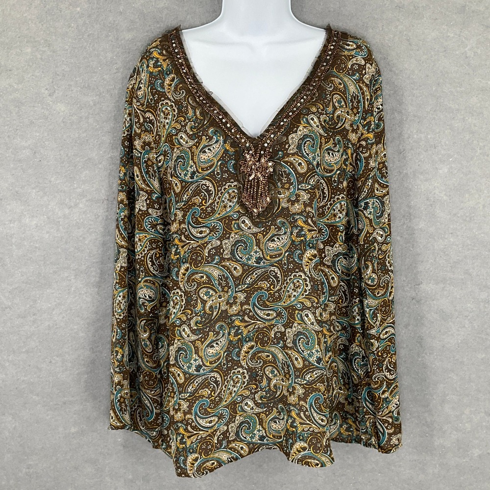 Metro 7 Blouse Womens 18W Brown‎ Paisley Beaded V Neck Long Sleeve Top Mature
